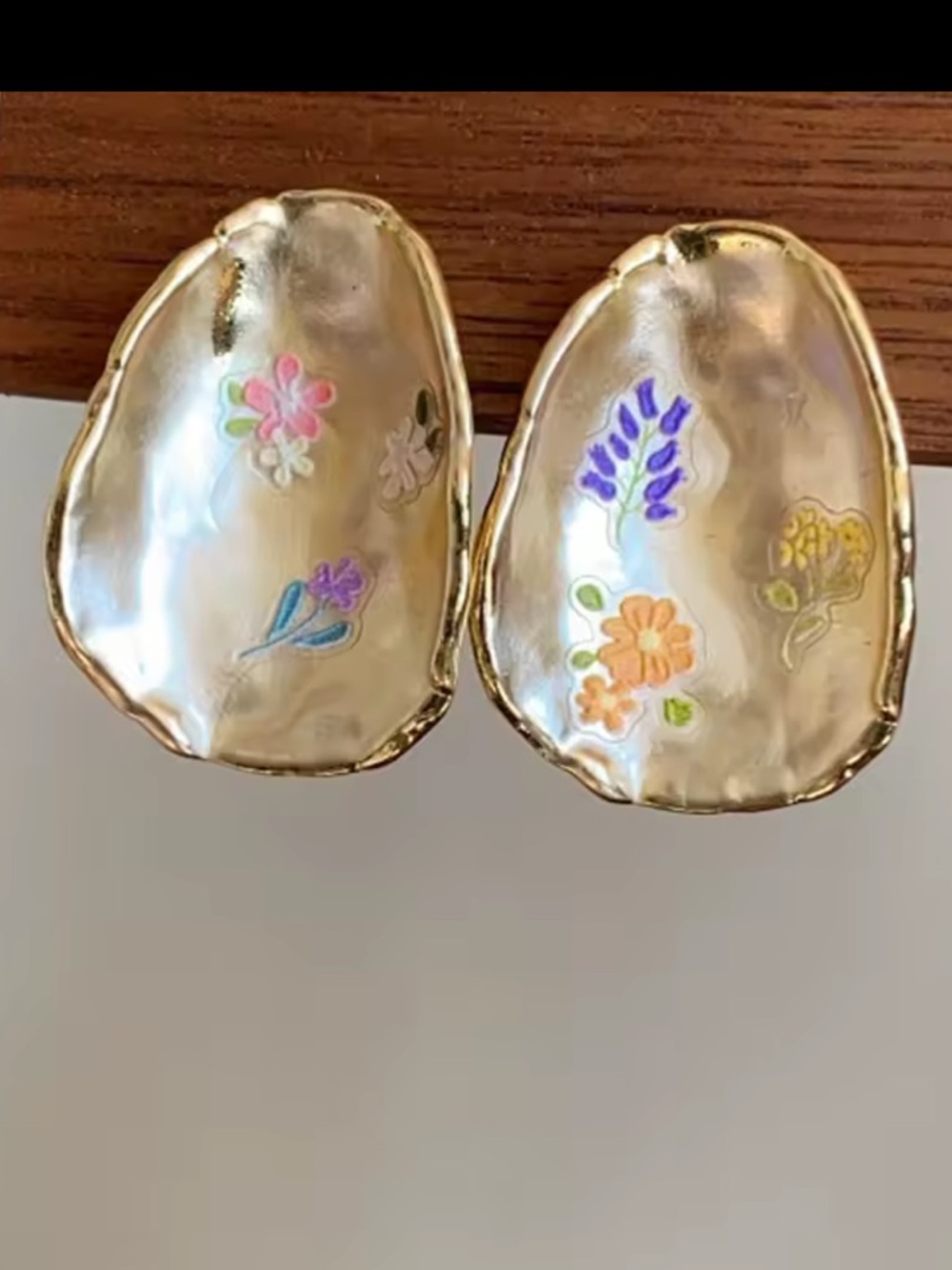 Hand-Painted Floral Mother-of-Pearl Gold Edge Earrings - Picture 2 of 10